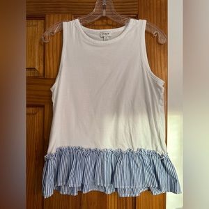 White tank with blue and white ruffle